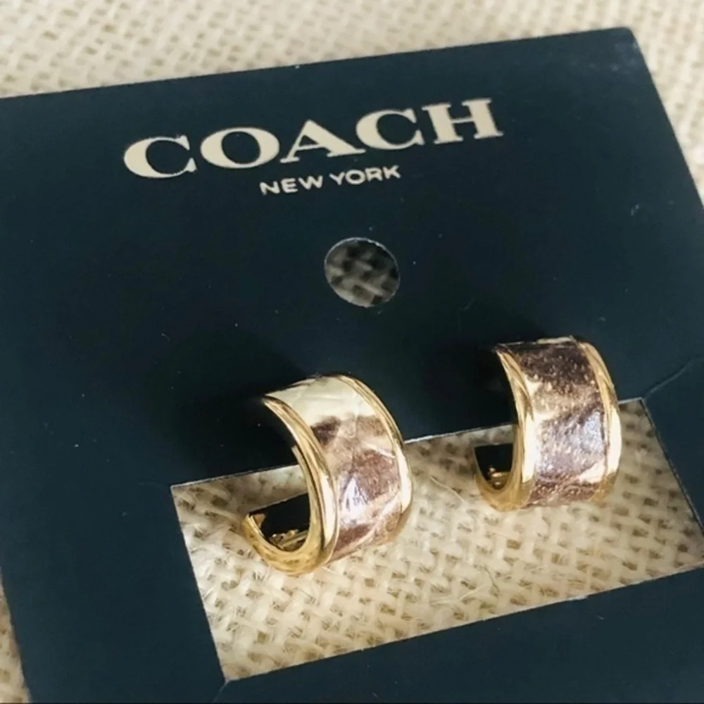 Coach New York Snake-Embossed Leather Gold Tone Hoop Earrings NWT - Picture 2 of 3